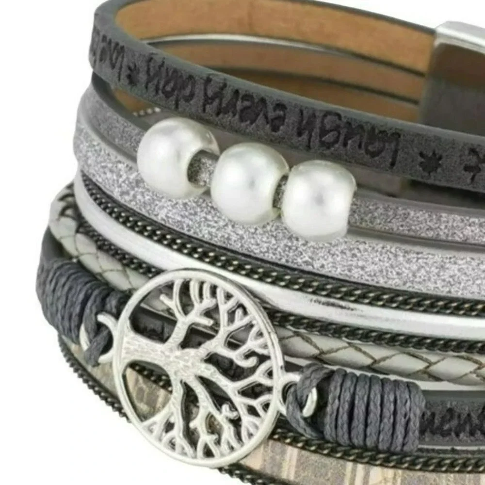Multilayer Leather‎ Bangle Magnetic Clasp Bracelet for Men or Women 7.5in Silver